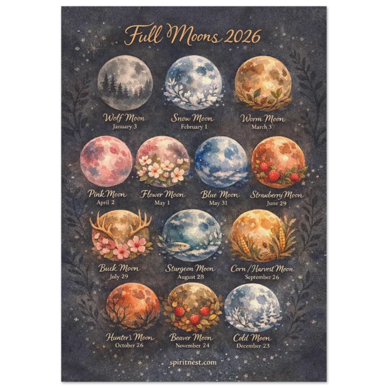 Spirit Nest 2026 Full Moons Museum-Quality Matte Paper Poster showing watercolor illustrations of all full moons with traditional names and 