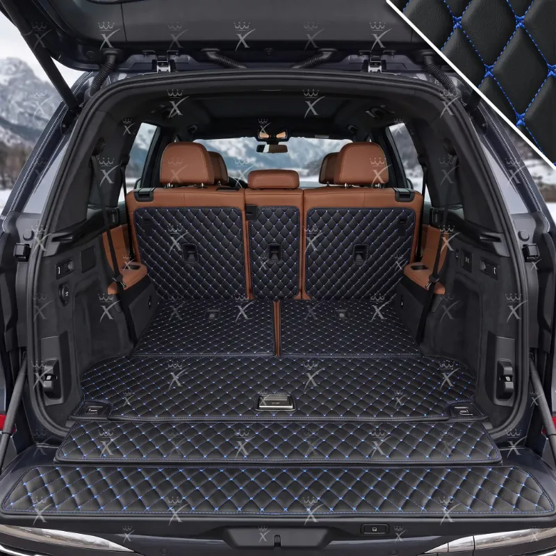 Luxus Car Mats Diamond XtendFit Trunk Mat in Black & Blue Stitching showing diamond-stitched cargo liner