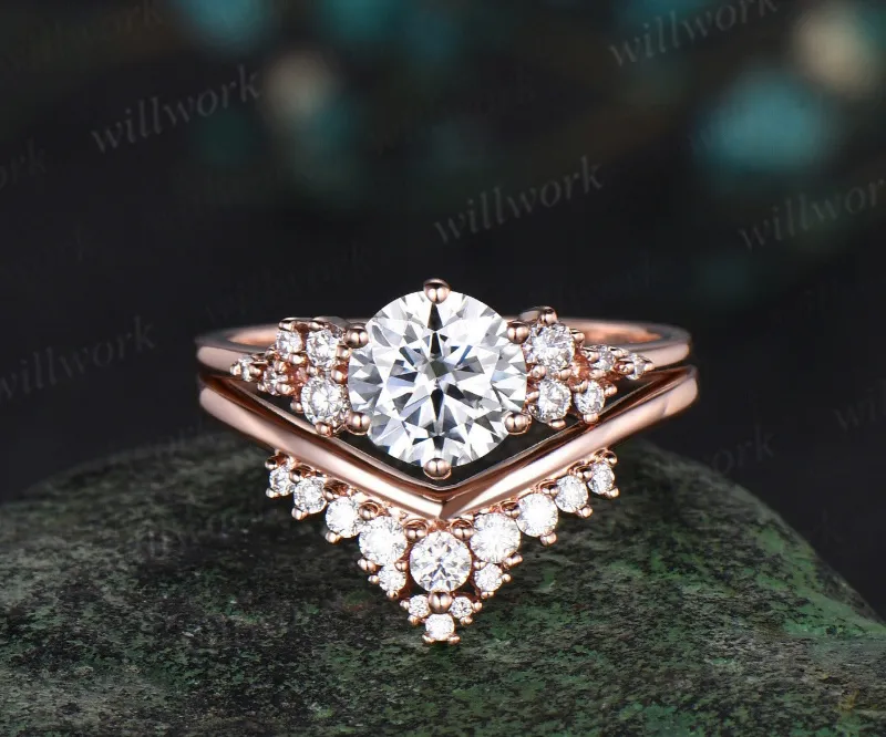 WillWork Jewelry 1ct round cut moissanite engagement ring rose gold cluster snowdrift with matching wedding band