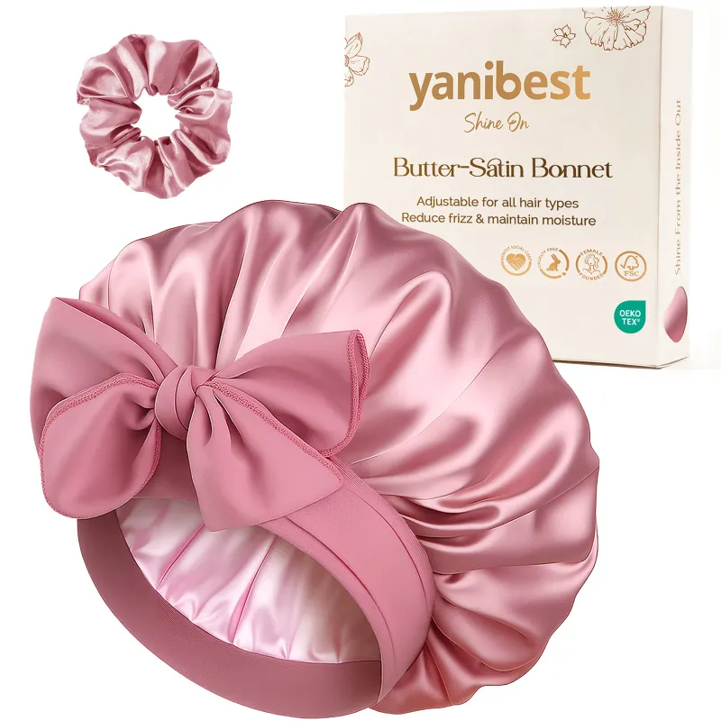 Yanibest Silk Butter Satin Bonnet with Tie Band in dual pink, tie band detail shown