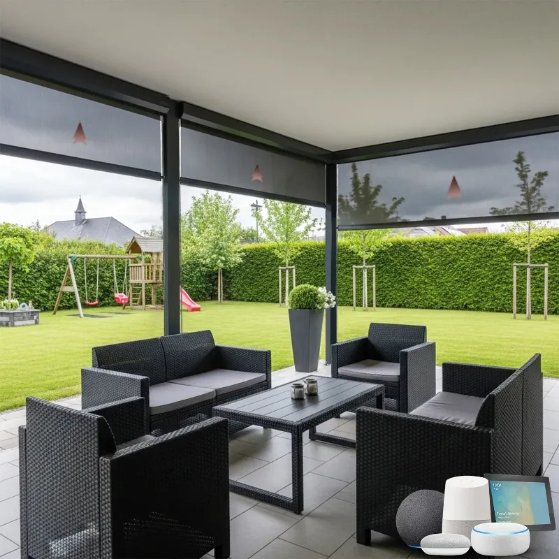 Bringnox Motorized Outdoor Shades 5% Openness mounted on outdoor patio window