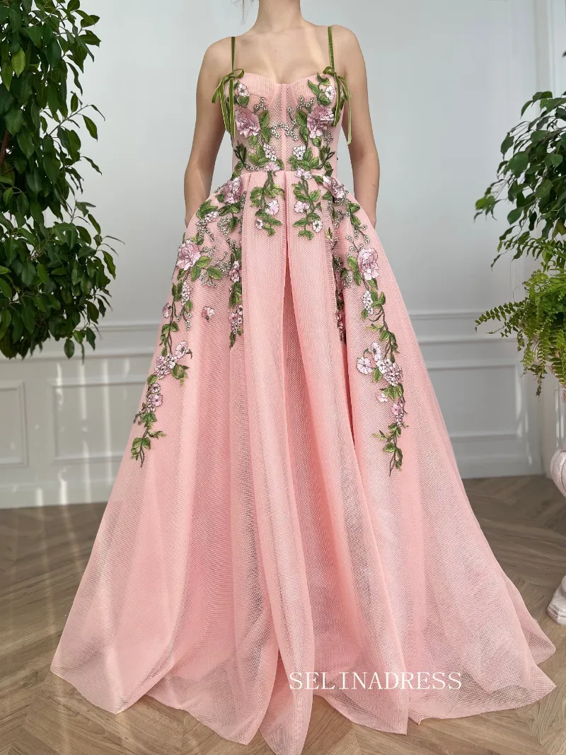 Selinadress A-line Floor Length Pink Whimsical Gown with embroidered flowers and side pockets