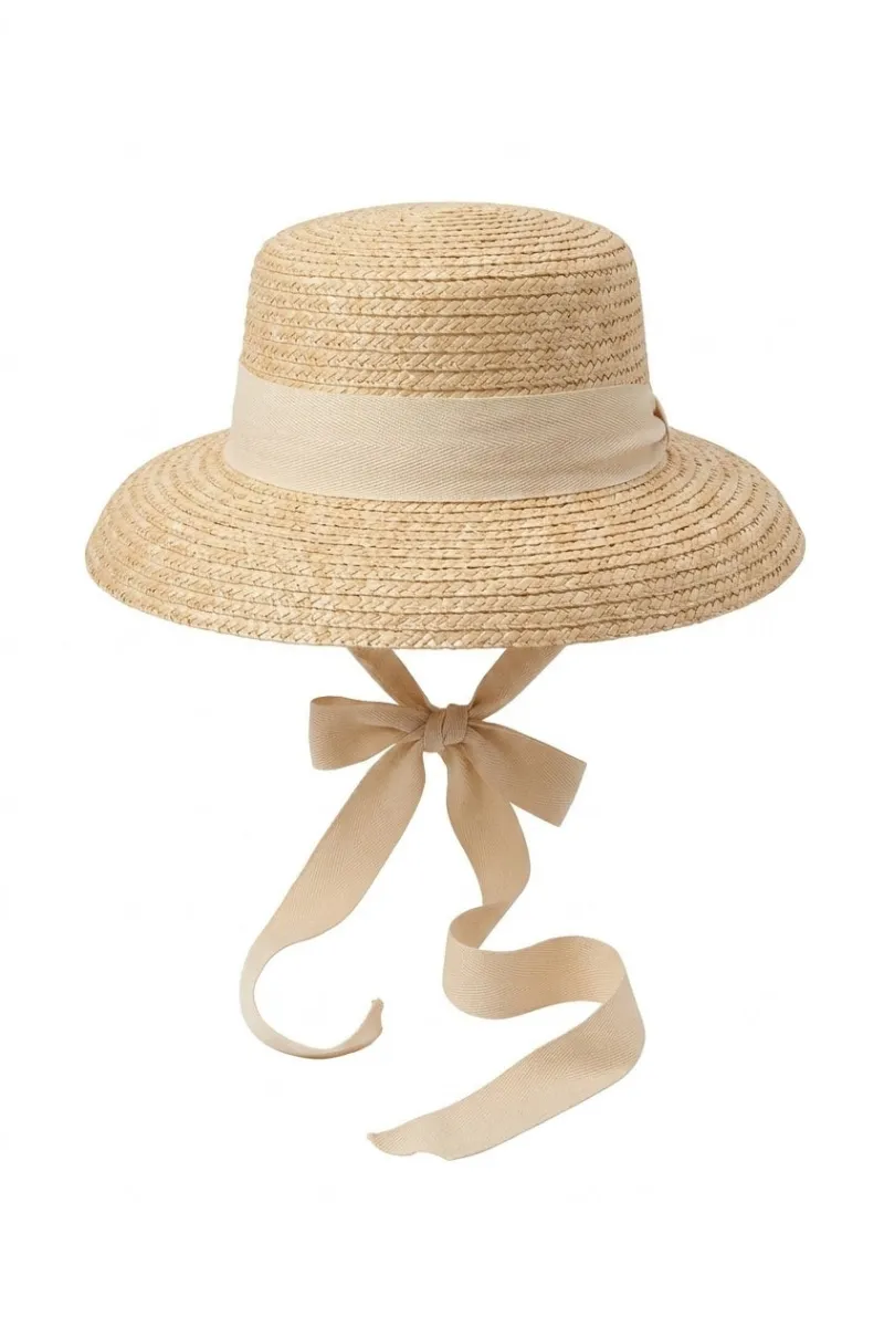 Cottagecore Clothes Cottagecore Hat with Trailing Cream Ribbon in natural woven raffia with wide brim
