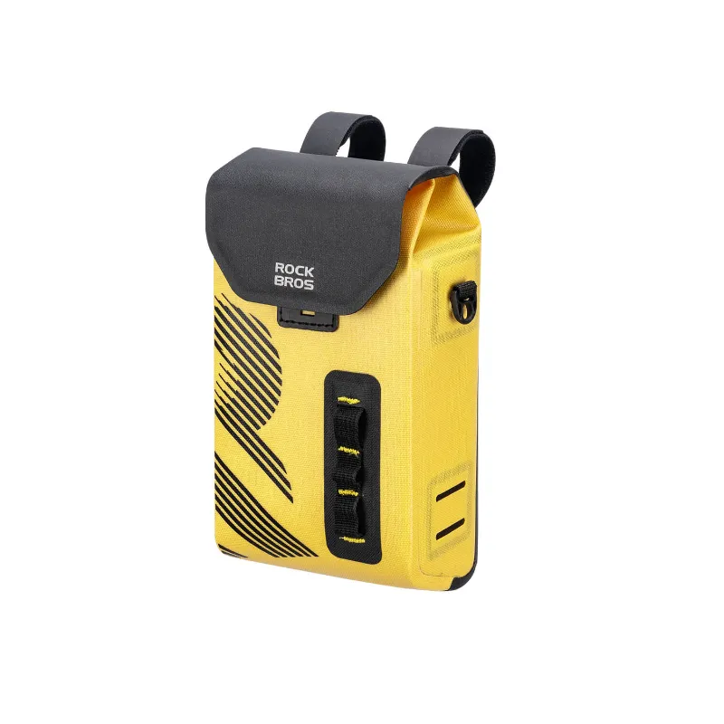 RockBros US AS-160 100% Waterproof Bike Handlebar Bag in black with flap-top closure mounted on bike handlebars