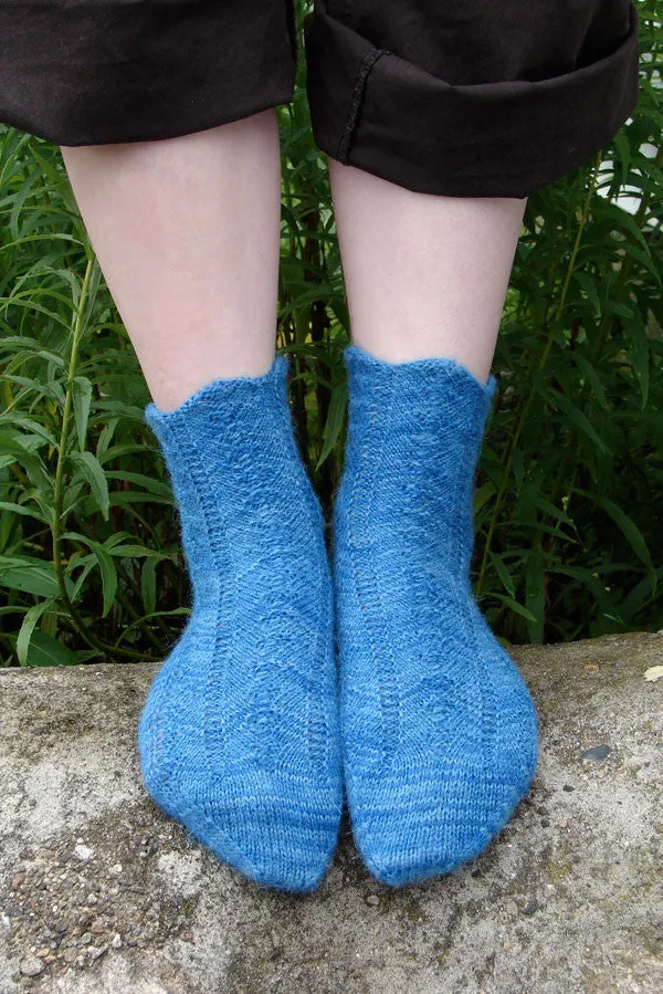 Kristen TenDyke River of Life Socks showing wave stitch pattern in blue yarn