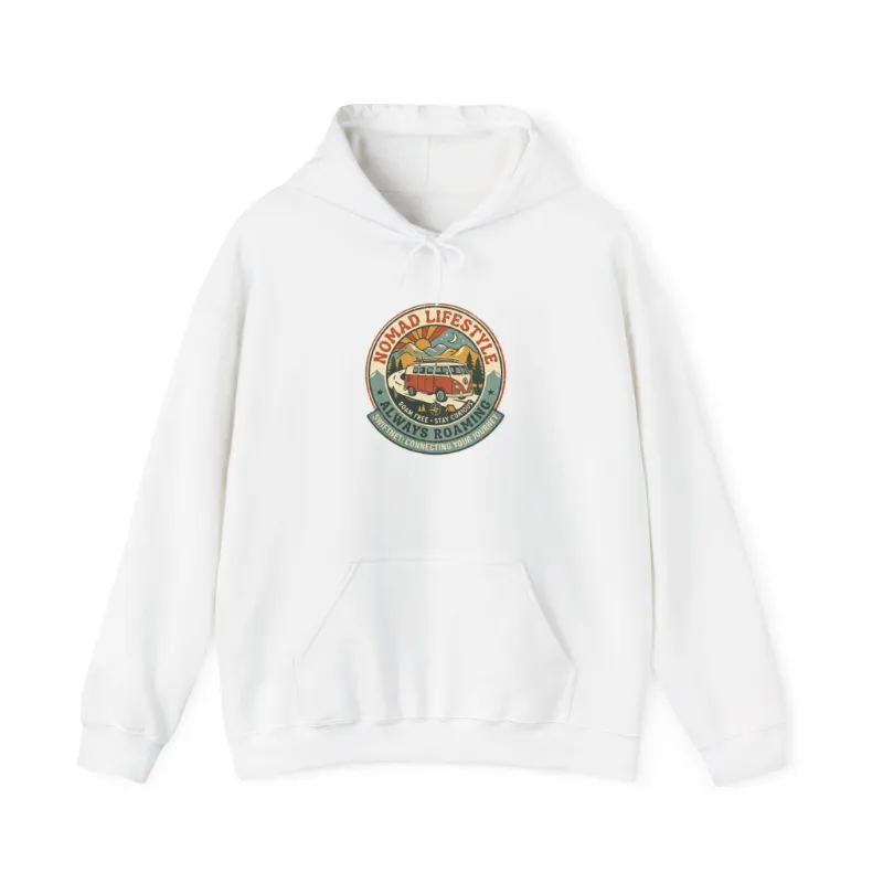 SwiftNetllc Nomad Lifestyle Hoodie with retro van badge graphic on chest, unisex fleece pullover