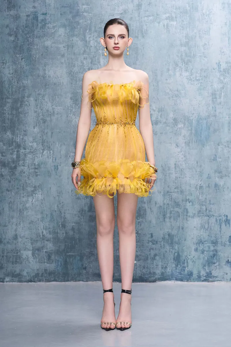 Kalisa Goldie Strapless Ruched Mini Dress With Crystal-Embellished Bows on model