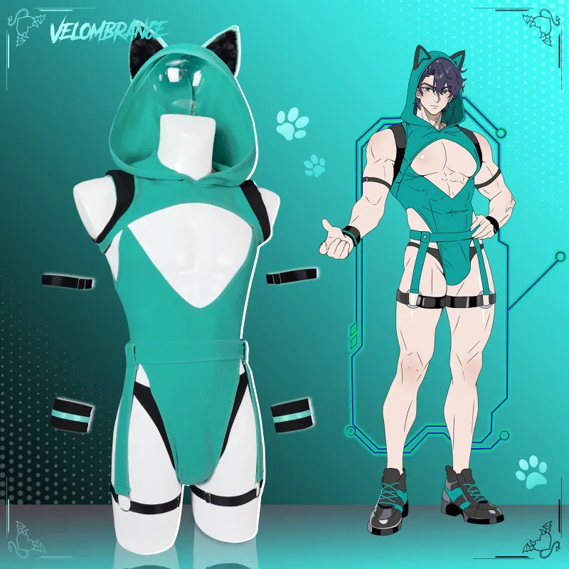 Velombrance Minty Meow Bodysuit 5-piece set with headband, cuffs, and armbands