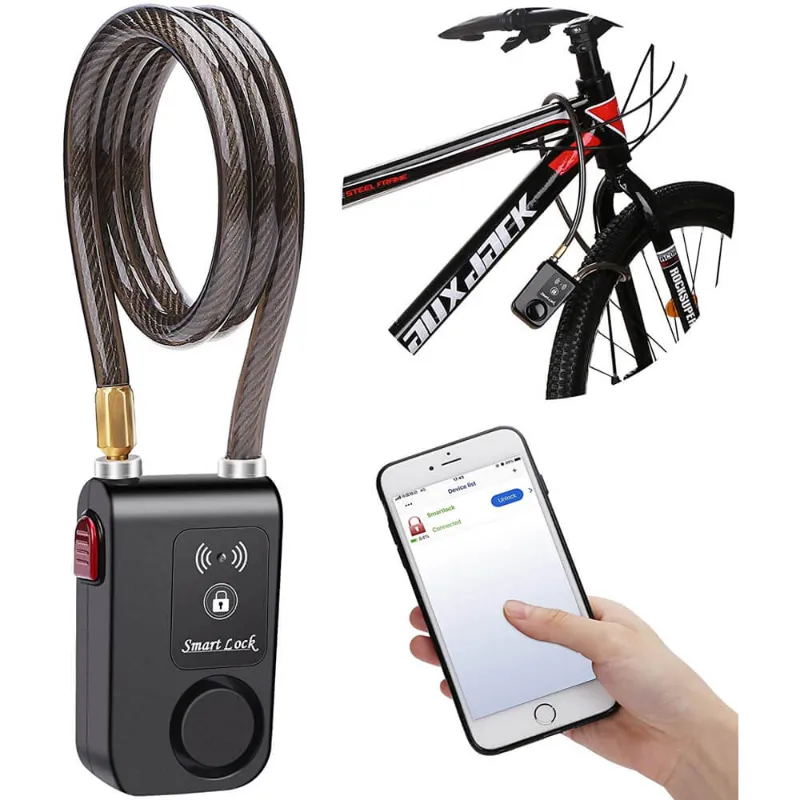 Wsdcam Bluetooth Bike Lock Alarm APP Control 110dB with smartphone showing app interface