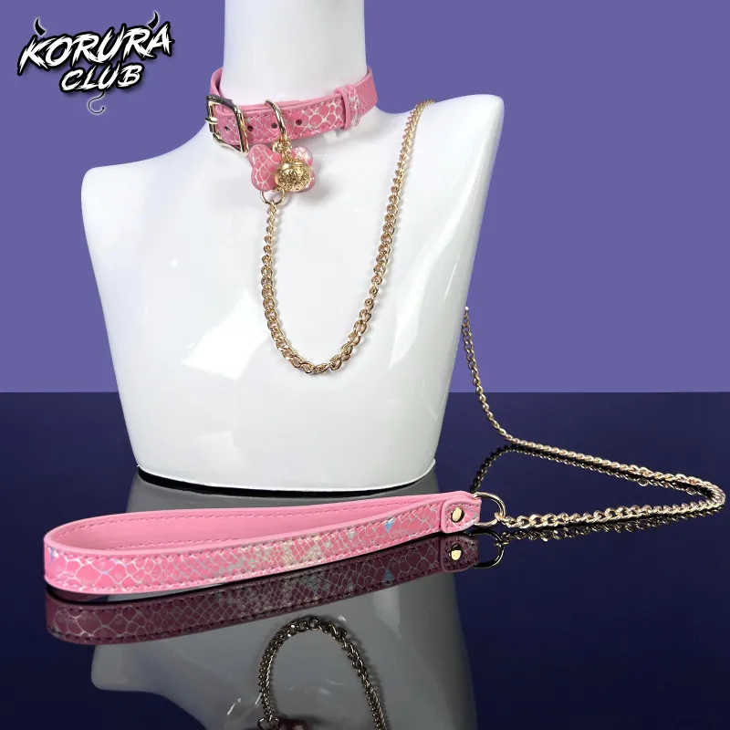Koruraclub Dog Bone Collar and Leash KA14 leather set with bone charm in black or pink