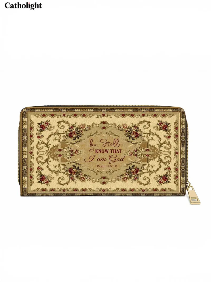 Catholight Psalm of Peace Leather Wallet Purse showing floral design with Psalm 46:10 verse and gold accents