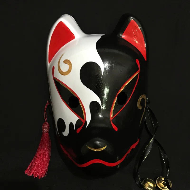 Foxtume Kitsune Mask - Lunar Eclipse hand-painted white fox mask with black cloud eclipse pattern