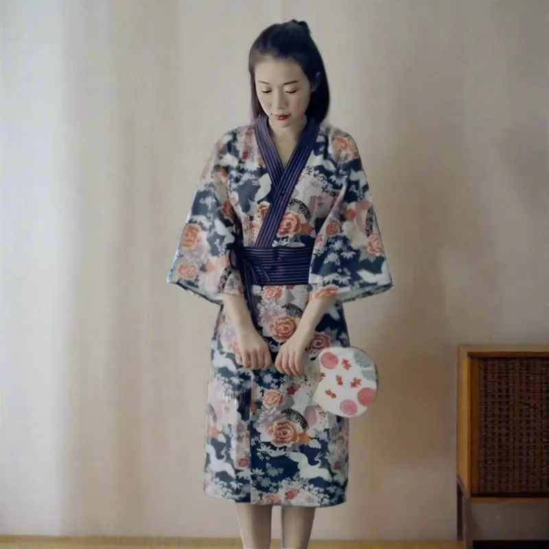 Foxtume Blue Crane Floral Women Casual Yukata in blue with crane pattern
