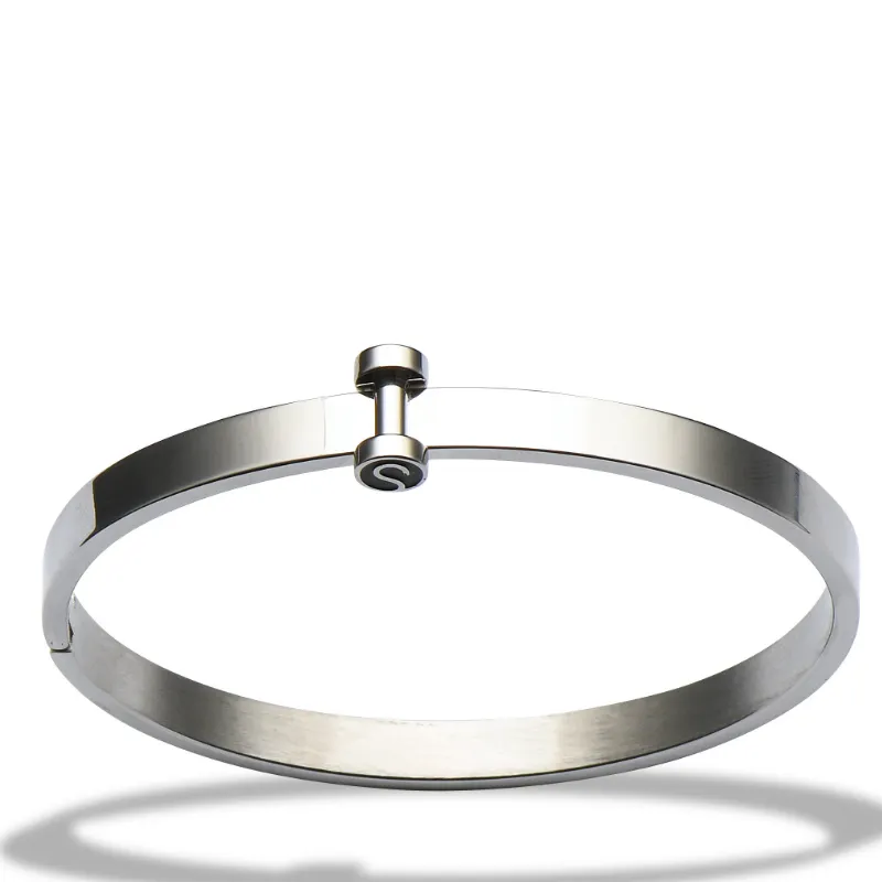 Sleek Fit Jewelry Bangle Bracelet - Silver, a plain polished bangle with a dumbbell clasp on a neutral background