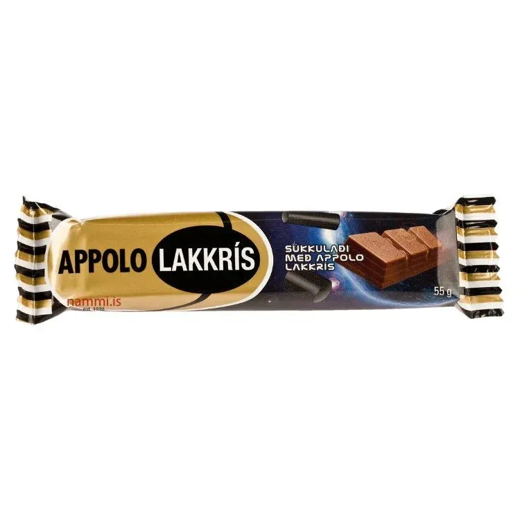Nammi Appolo Liquorice Chocolate 55 gr box of chocolate covered liquorice pieces