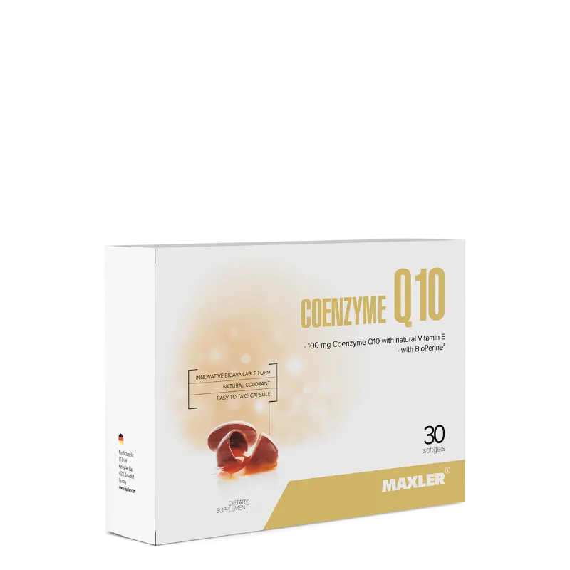 MAXLER Coenzyme Q10 capsules with vitamin E in white bottle