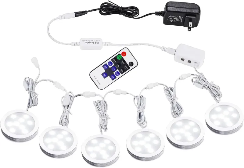AIBOO Linkable Under Cabinet LED Lighting Kit 6 puck lights under a cabinet with remote controller