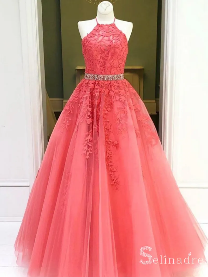 Selinadress A-line Halter Watermelon Lace Applique Long Prom Dresses Formal Gowns, watermelon tulle gown with lace