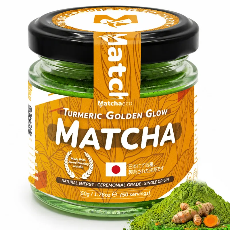 Matchaeco Ceremonial Turmeric Matcha Green Tea Powder Golden Glow 50g Jar, golden turmeric matcha powder in a jar