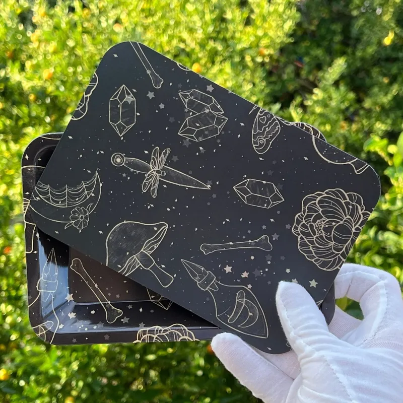 High Dreams Rolling Tray with Lid Magic Night showing black metal tray with magnetic cover and mystical artwork