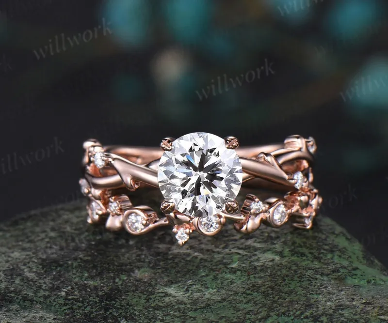 WillWork Jewelry 1ct round cut IGI Lab grown diamond engagement ring solid 14k 18k rose gold branch twig five stone vintage wedding promise