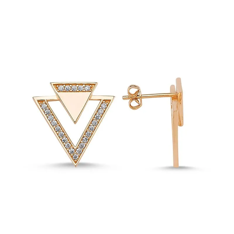 Amorium Jewelry Dainty Silver Simple Double Triangle Studs Earring, geometric double triangle studs with crystal sparkle