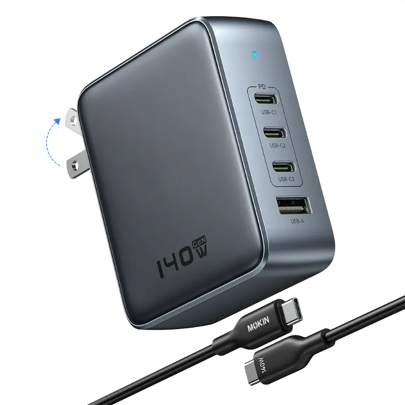 MOKiN 140W 4-Port GaN Charger Compact Design for Home Office and Travel showing USB ports