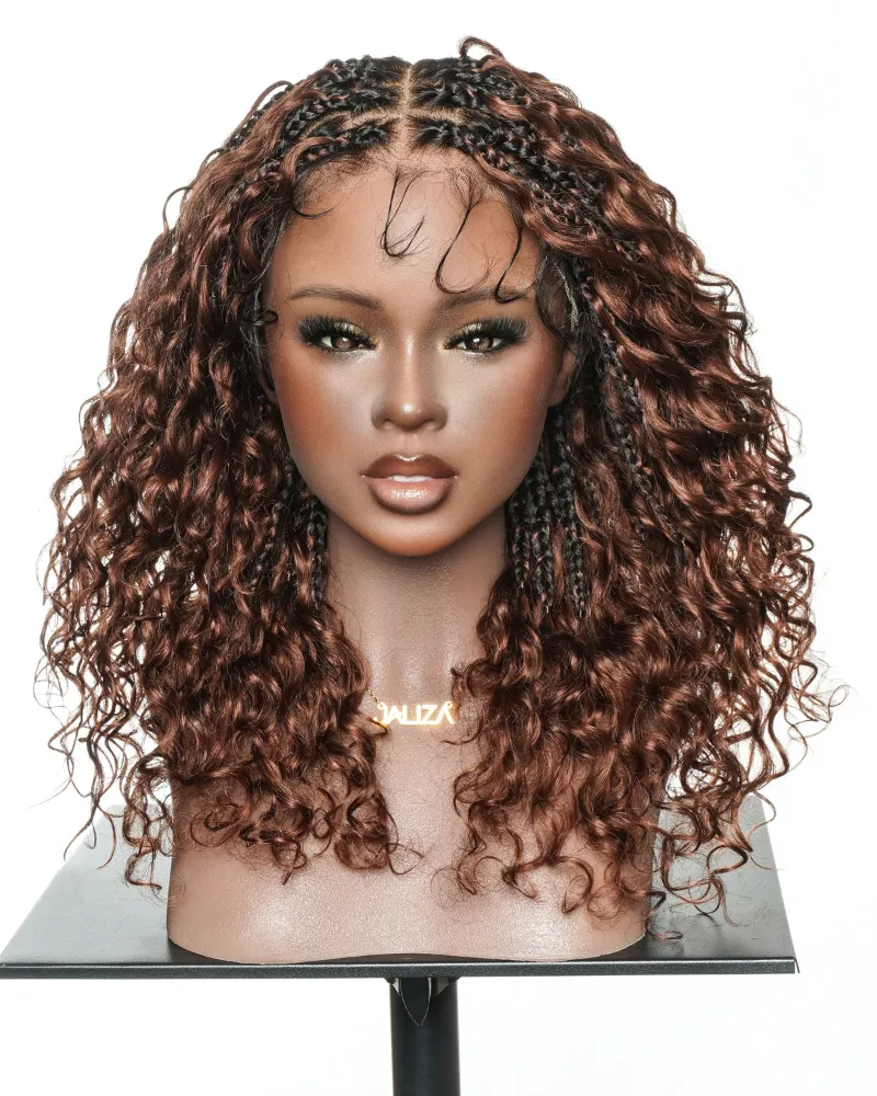 Jaliza Kiki 16 inch dark auburn brown human hair boho box braided wig with curls
