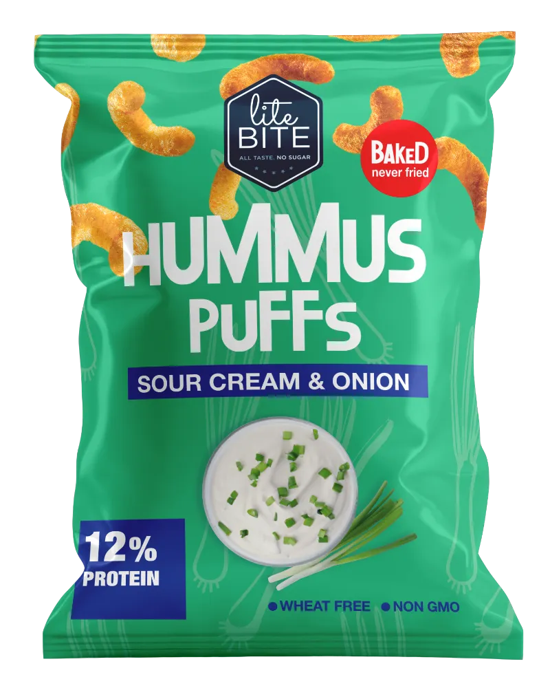LiteBite Egypt Hummus Puffs Sour Cream & Onion package showing baked protein snack
