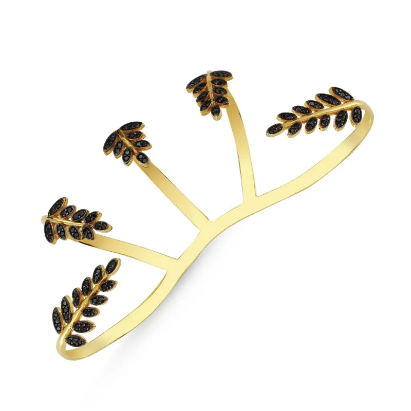 Amorium Jewelry Black Silver Leaves Hand Palm Cuff Bracelet in Gold showing leaf wrap design