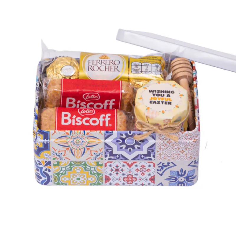 HoneySpree Joyful Easter Sweet Treat Tin gift set with honey, chocolate, and cookies