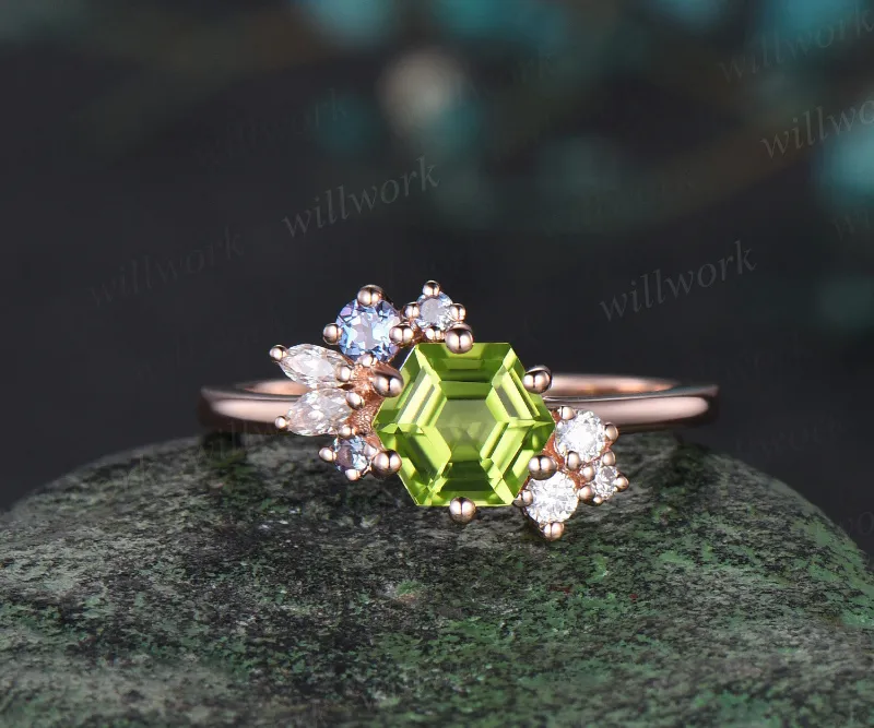 WillWork Jewelry 14k rose gold Hexagon Cut August Birthstone Natural Peridot Engagement Ring