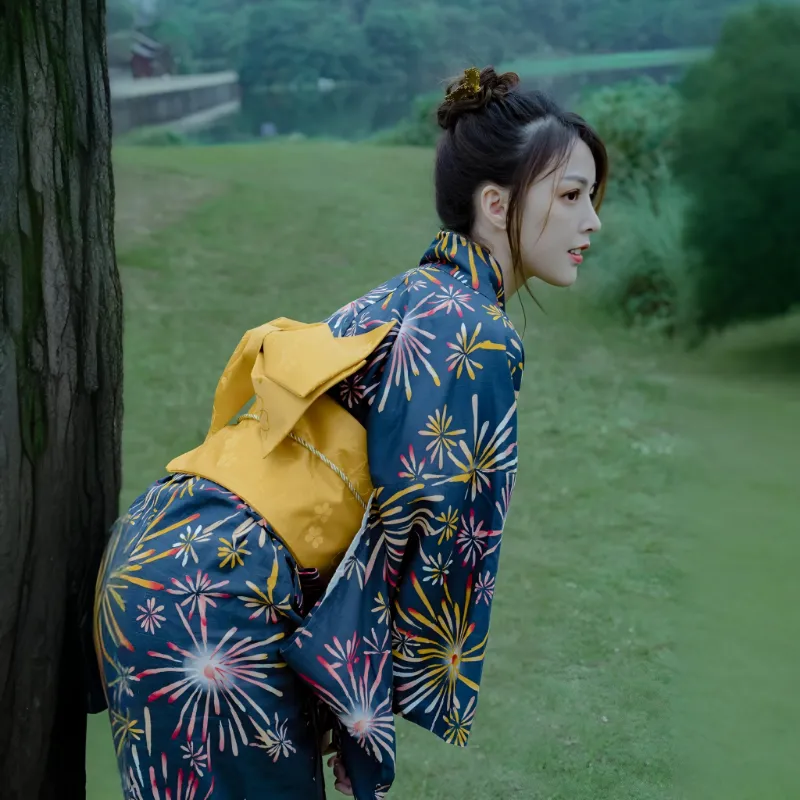 Foxtume Hanabi Women Festival Yukata on a dark blue base with firework pattern