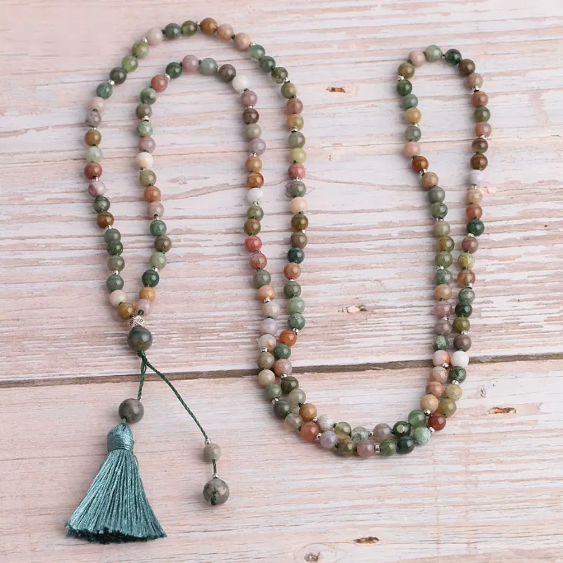 Turix Indian Agate Mala with 4mm beads, earthy brown and cream beaded necklace
