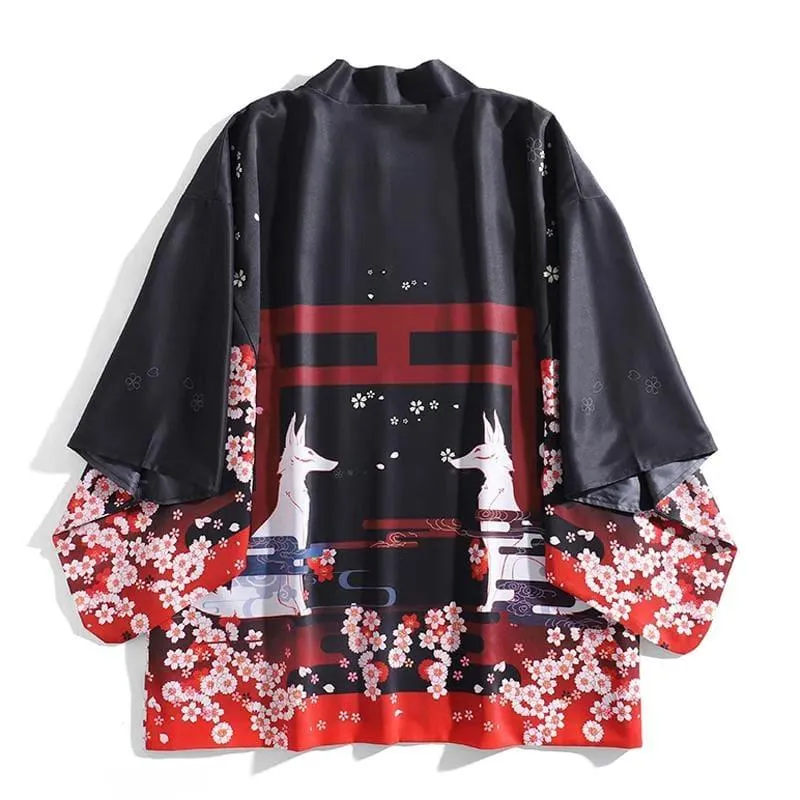 Foxtume Sakura Inari Kimono Cardigan in black with blossom and God Inari graphic