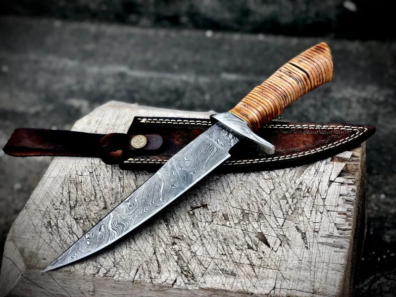 MyHackerTech custom handmade Damascus steel hunting bowie knife with stacked leather-damascus guard handle and leather sheath