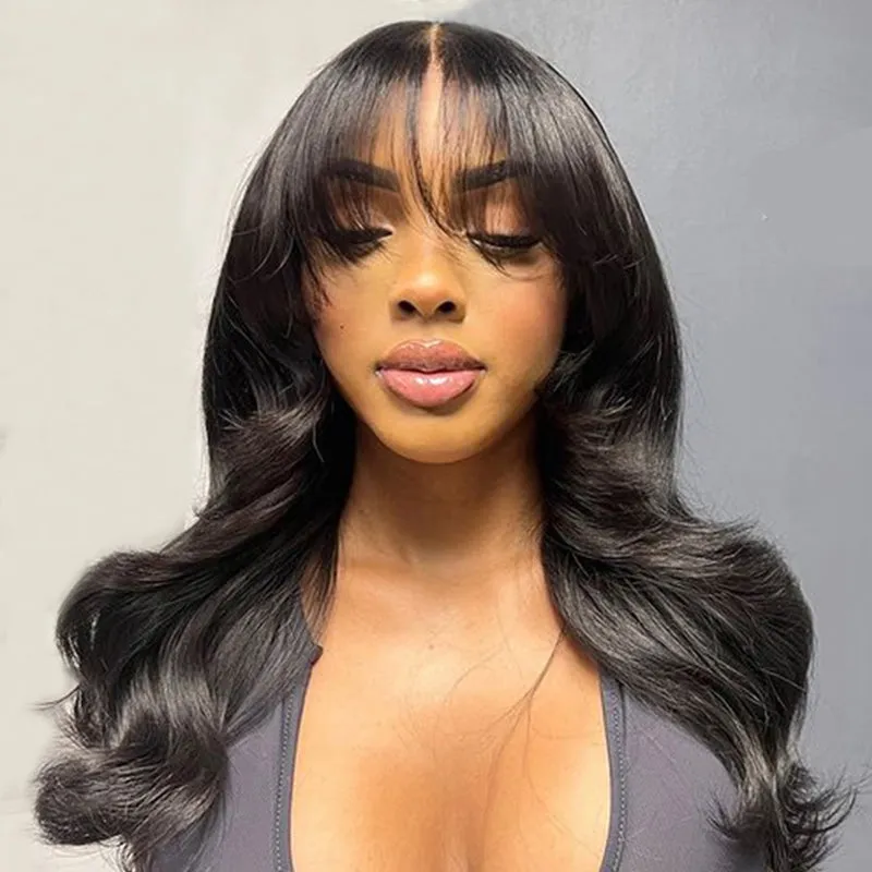 Megalook 13x6 Three-Go natural black body wave glueless wig with bangs and drawstring