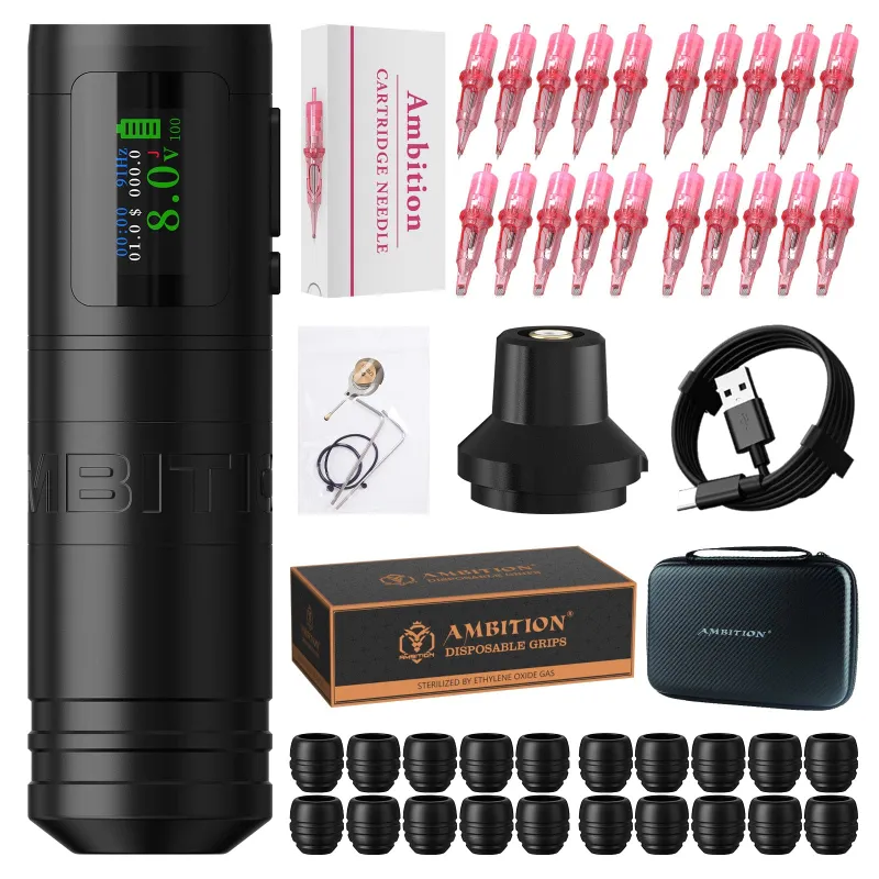 Ambition Tattoo Ninja Ultra Wireless Tattoo Machine Kit with battery display and stroke cams