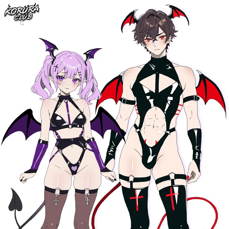 Koruraclub Demon Couple Cosplay Costume CP02 in black PU leather with wings and accessories