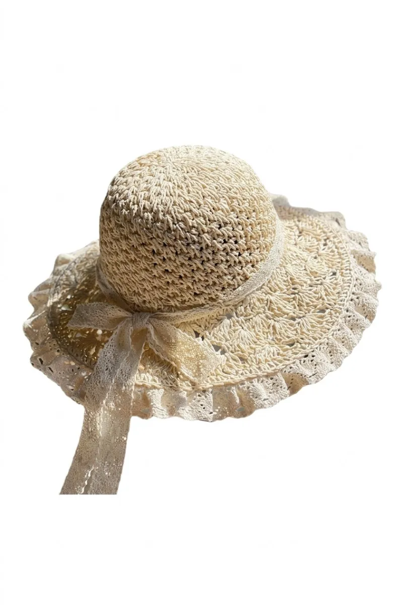 Cottagecore Clothes Cottagecore Wide Brim Hat natural straw wide brim hat with ruffled lace edge and cream ribbon bow
