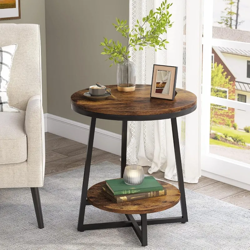 Tribesigns 2-Tier End Table with round woodgrain top and black metal frame