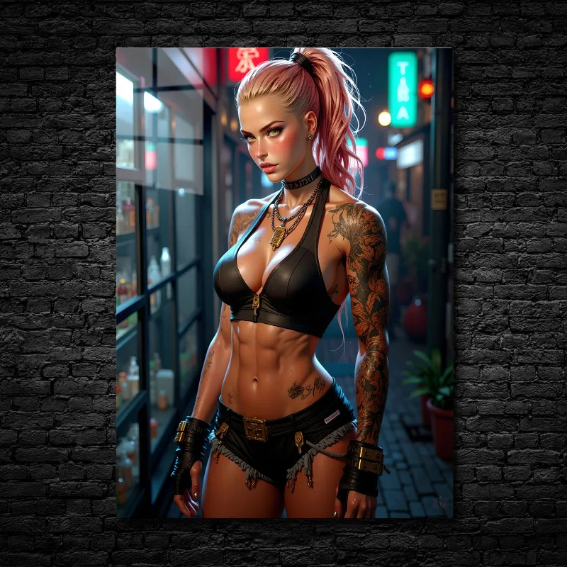 CruArt Cyberpunk Vixen: Neon Guardian Metal Print glossy neon-lit character artwork