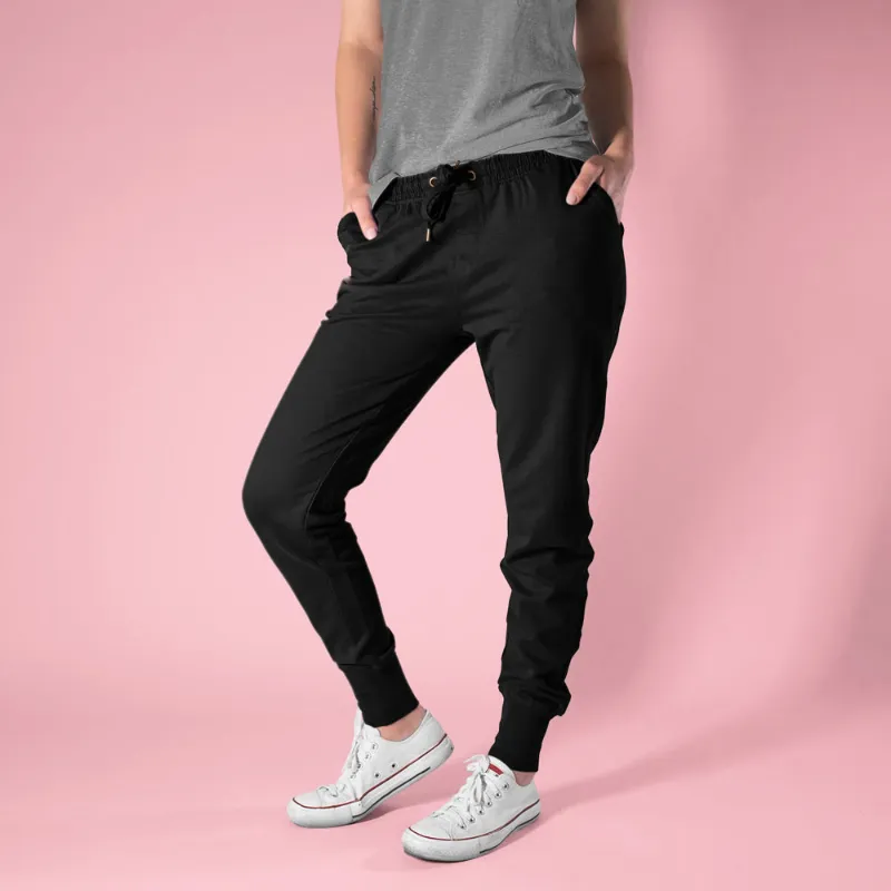 The Banyan Tee US Black Jogger, black fleece joggers with ribbed cuffs displayed flat