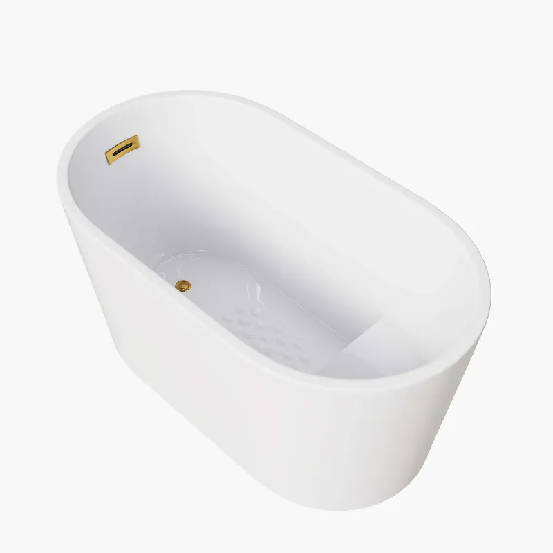 HOROW 47 Inch Deep Soaking Tub Freestanding Acrylic Bathtub photo showing white freestanding soaking tub with shower seat