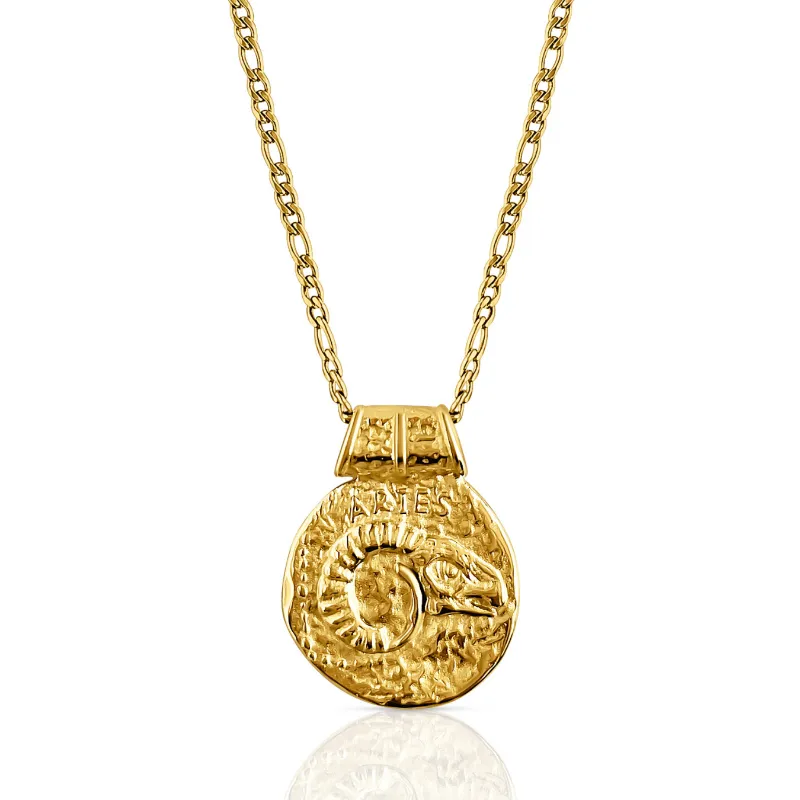 DORSYA Aries Zodiac Coin Necklace featuring vintage-inspired gold coin pendant with Aries symbol