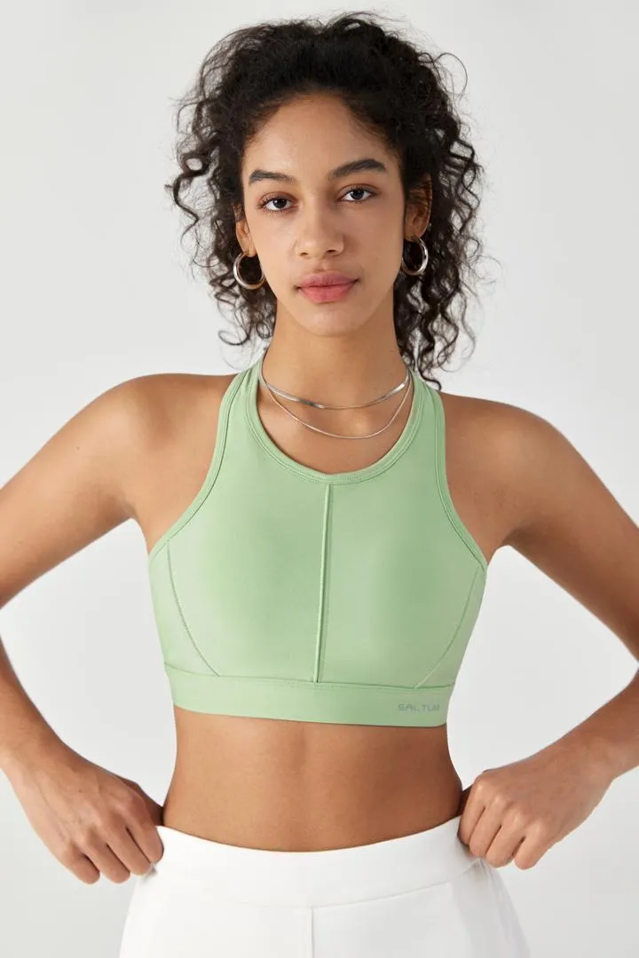 SALTUM High Support Laser-Cut Sports Bra in Lt Green with fluorescent logo
