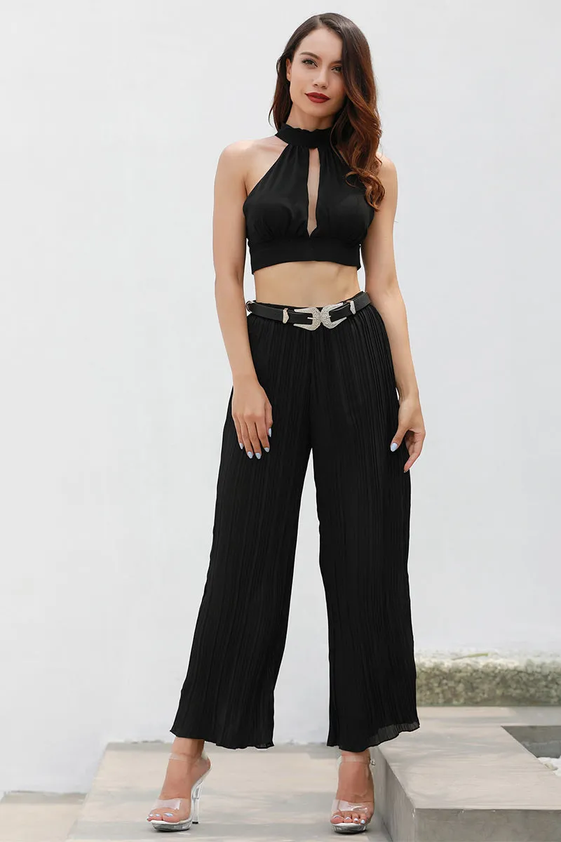 Mislish Black Pleated Empire Chiffon Pants, high-waisted black pants with pleated front