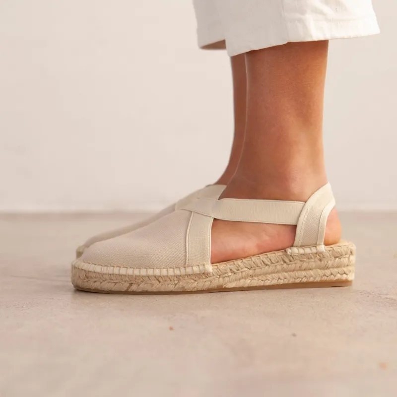 BIANKINA Marseille Eco Canvas Vegan Espadrille Wedges in Beige Tan, side view showing wedge heel
