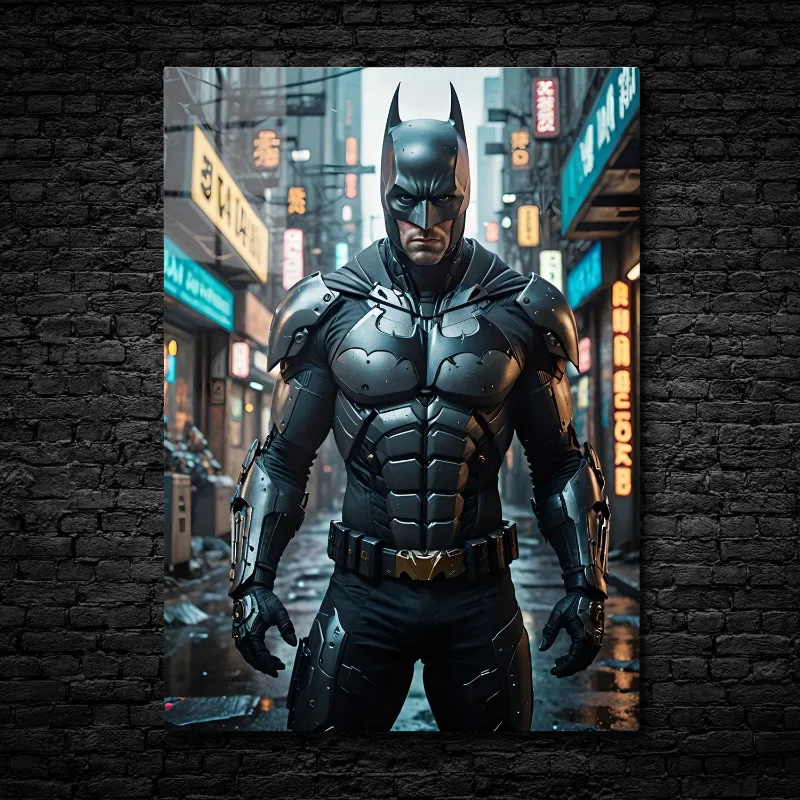 CruArt Knight of Shadows metal print, armored figure in neon-lit futuristic alley