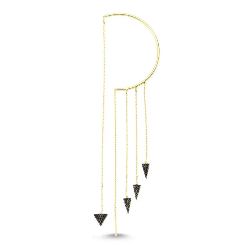 Amorium Jewelry Minimalist Spikes Ear Cuffs & Wraps Threader Earrings, silver ear wrap with black crystals and chain threader